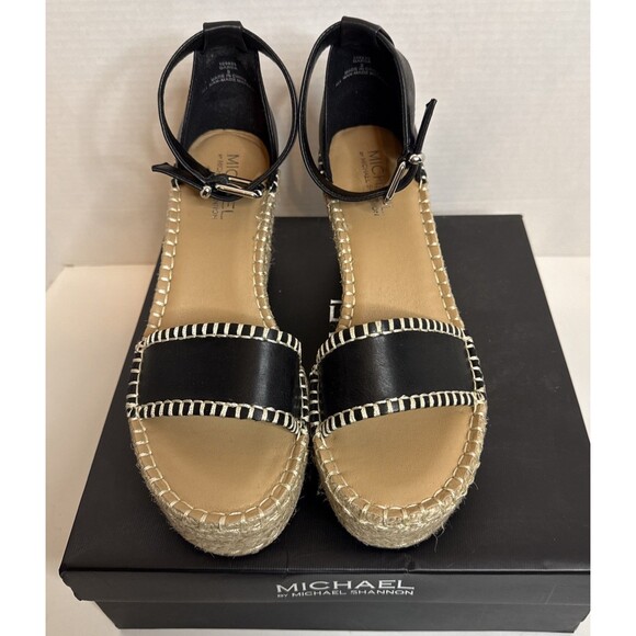 Michael Shannon Womens Garda 9m Black Open Peep‎ Toe Espadrille Wedge Sandals - Picture 3 of 12